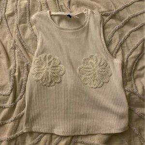 H&M Cream Ribbed Tank Top with Lace Accents